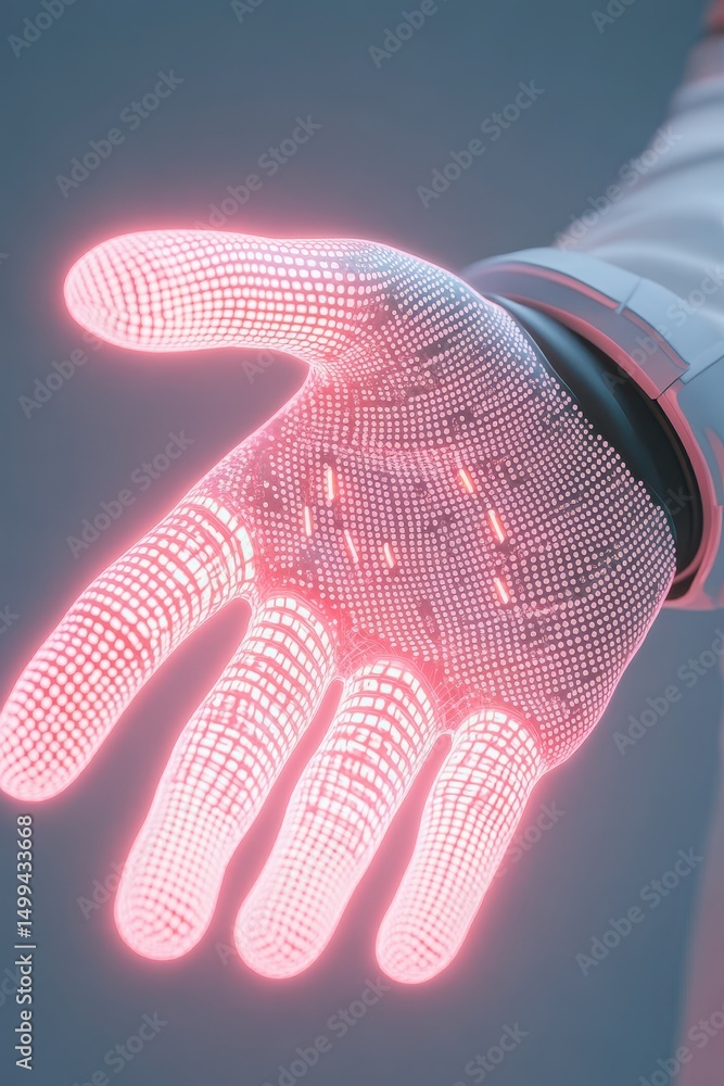 Poster gloved hand reaches out with glowing pink grid. digital networks concept. modern design. future tech