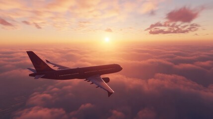 Aerial view of passenger airplane cruising above clouds with sun rays hitting fuselage