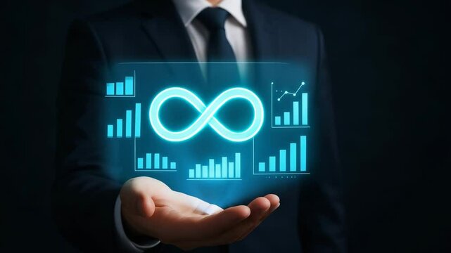 Modern businessman holding holographic analysis of infinite data growth with graphs.