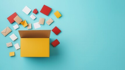 Creative explosion of marketing icons from open box, campaign idea generation concept