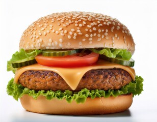Appetizing hamburger features fresh ingredients, including lettuce, tomato, cucumber, and cheese in a sesame seed bun. Perfectly presented against a white background.