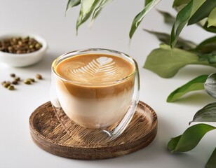 Close-up of a glass of latte art displayed on a wooden coaster alongside a small bowl of spices. Scene evokes a calm and serene atmosphere indoors.