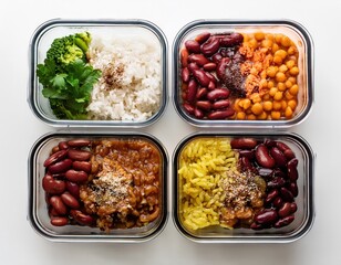 Food preparation scene featuring rice, beans, and fresh vegetables. Clean indoor studio setting emphasizes healthy, organized cooking process.
