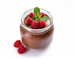 Delicious chocolate mousse topped with fresh raspberries and mint leaves. Appetizing presentation highlights sweetness and indulgence in a studio setting.