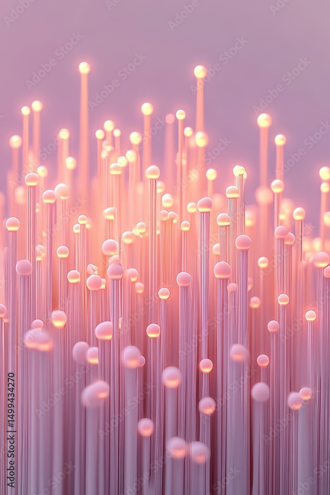 Poster vertical lines with spheres glow pink. connected digital elements. abstract high tech data system fo