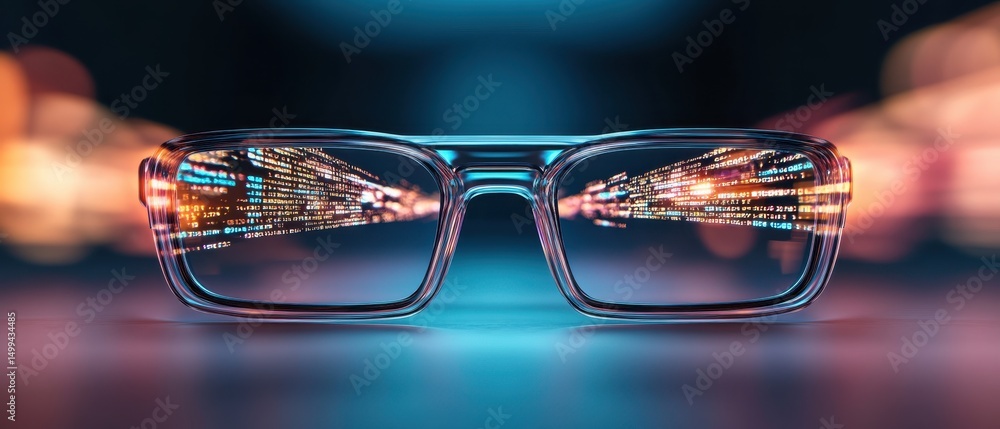 Poster clear glasses display digital network data. blue and orange light reflects on surface. concept visua