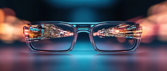 Clear glasses display digital network data. Blue and orange light reflects on surface. Concept visualization of fast 5G networks.