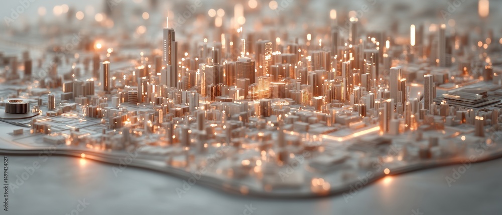 Poster glowing lights illuminate simulated city with building structures. network design depicting connecti
