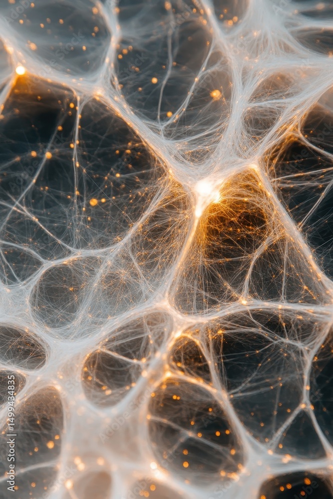 Poster interconnected light streams forming futuristic data networks for digital communication, depicting h