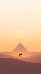 Fototapeta premium A minimalist illustration depicts a traveler on a camel silhouetted against a desert landscape featuring a pyramid and a setting sun, showcasing a serene journey.