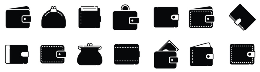 Wallet icons. Set of different wallet icons. Simple wallet signs. Black wallet icons. Vector