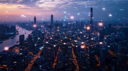 Obraz premium Connected cityscape at twilight. Interconnected urban infrastructure