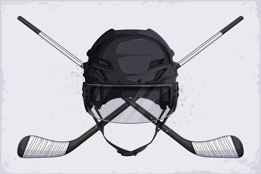 Hand drawn black ice hockey helmet for head safety with a pair of crossed hockey sticks. hockey protective headgear with glassy visor
