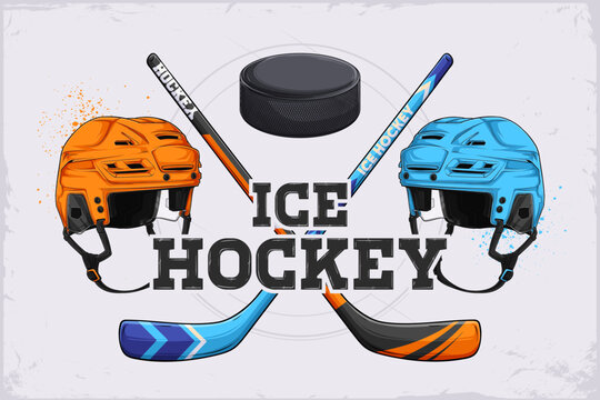 Hand drawn ice hockey equipment for seniors, pair of colorful crossed hockey sticks, protective helmets and black rubber puck