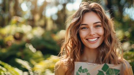 A cheerful woman holds a paper bag marked with the recycling symbol, encouraging awareness of plastic waste reduction.