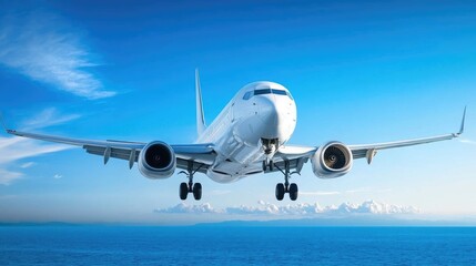 Fototapeta premium Commercial aircraft flying over ocean waters with distant land barely visible on the horizon