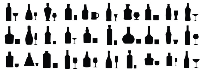 Alcohol bottle and glasses silhouette collection. Black alcohol drinks icon. Set of bar drinks bottle and glasses. Vector