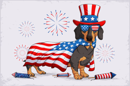 German dachshund in 4th of July disguise enjoying independence day with fireworks, wearing American flag pattern cape, sunglasses, uncle Sam hat