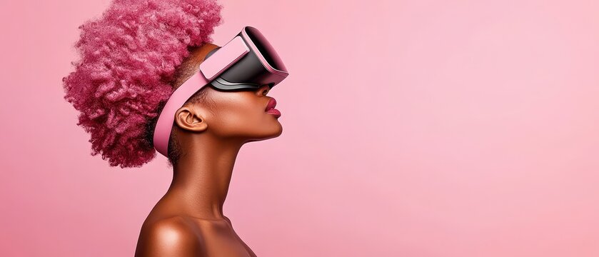 Profile view of a person with pink afro looking up wearing virtual reality headset on pink backdrop representing fast networks.