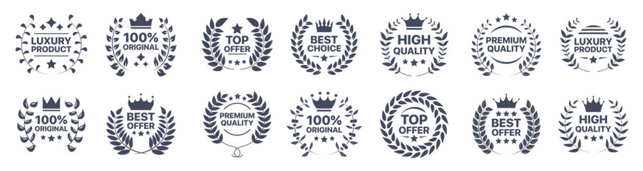 Best offer, high quality, best choice, original, luxury product emblem badge collection with laurel wreath, star and crown icons. Vector