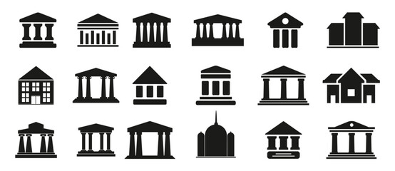 Bank icons. Set of different museum icons. Simple bank signs. Black architecture icons. Vector