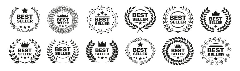 Best seller badge collection. Set of best seller emblem with laurel wreath, crown and star icon. Best seller label collection. Best seller icons for product label