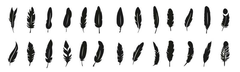 Bird feather icons on a white background. Black abstract feather silhouette collection. Elegance feather element decoration, Vector