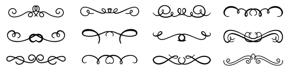 Black ornament divider collection on a white background. Decorative text dividers. Hand drawn ornament divider collection. Vintage decor borders
