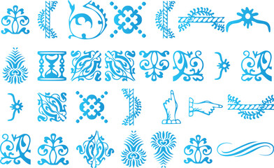 Collection of intricate blue ornamental vector elements perfect for decorative design projects