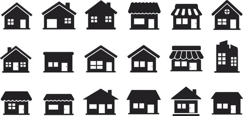 Fototapeta premium Create a kinds of House and store Icon set. home symbol isolated on Vector Illustration silhouette with white background.