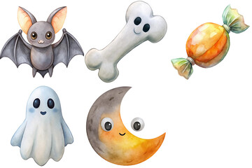 Halloween Characters Graphic with Bat, Ghost, Moon, Bone, and Candy in Watercolor Style on Transparent PNG background.