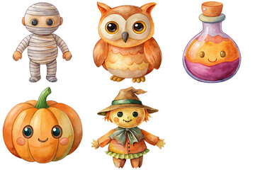 Halloween Characters Graphic with Mummy, Owl, Pumpkin, Scarecrow, and Potion in Watercolor Style on Transparent PNG background.