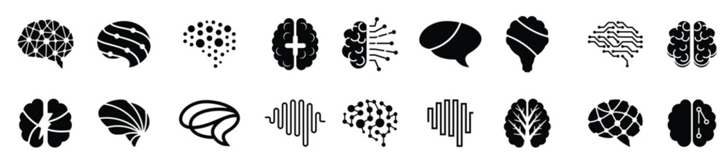 Brain icons. Set of different brain icons. Simple brain signs. Black brain icons