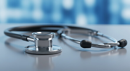 Closeup of medical equipment including a stethoscope, laptop, and diagnostic tools for healthcare and doctor examination in a hospital setting