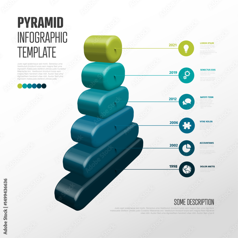 Poster modern 3d gradient pyramid infographic template showing six levels or steps. this visual pyramid tem