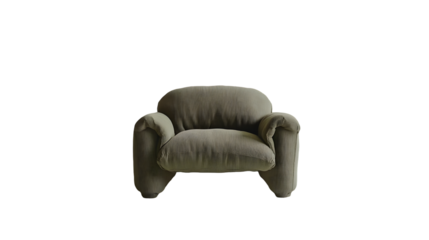 A plush, olive-green armchair, softly curved arms and rounded back, sits against a dark background