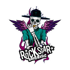 Original illustration. Skeleton with hat and wings on his back. T-shirt design.