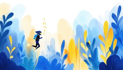 Skok wiary, abstrakcyjna ilustracja postaci w błękitnym lesie