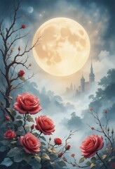 Fototapeta premium Enchanting Moonlit Castle with Red Roses and Mystical Fog in a Dreamlike Nighttime Fantasy Landscape
