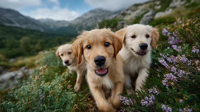 group of playful puppies peering down into the lens, captured from a low angle, amidst a blooming flower meadow