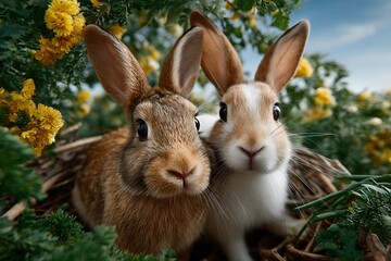 Fototapeta premium group of adorable bunnies peeking into the lens, perspective from below, in a meadow bursting with flowers, soft daylight creating a cinematic feel