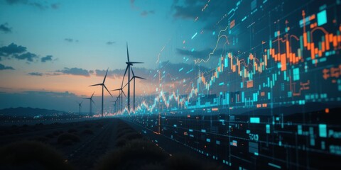 Fototapeta premium Renewable Energy Wind Turbines with Digital Financial Graph Overlay at Sunset in a Sustainable Landscape