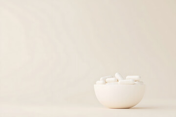 White capsules in a bowl, perfect for wellness and health ads. Minimalist design on neutral background with copy space for branding.