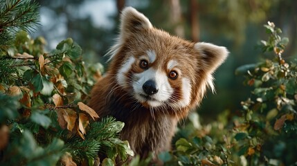 Fototapeta premium adorable group of red pandas peering down into the camera, captured from below with a wide angle lens, surrounded by vibrant autumn leaves