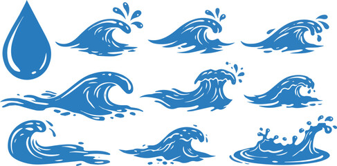 Create a kinds of Water icon, isolated on vector art silhouette with white background.