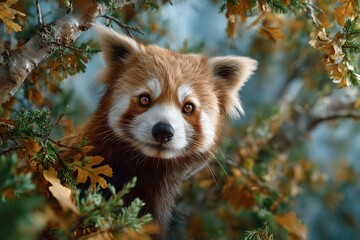 adorable red pandas curiously peering down into the lens, perspective from below, wide angle view, autumn leaves scattered around, soft daylight