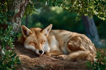 Fototapeta premium curled fox, leaf bed, amber & russet hues, dappled sunlight, shallow focus, forest floor backdrop, warm light, serene, nature , shimmering ethereal