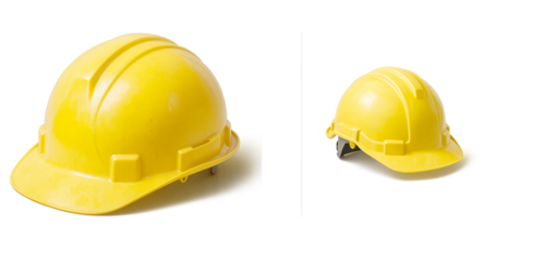 Two yellow construction safety helmets isolated on white background, hard hats for industrial work, protective gear for engineers and workers