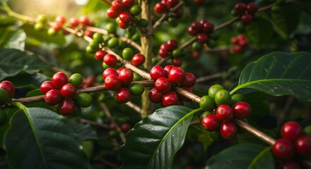 Obraz premium Vibrant Red and Green Coffee Cherries on Branch, Close-Up View of Coffee Plant