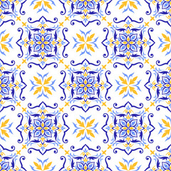 Mediterranean seamless pattern of blue yellow tiles. Ethnic mosaic design of Portuguese, Italian, Spanish motifs. Floral ornament,  vector illustration